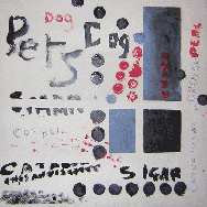 Abstract with type in black, red with white background